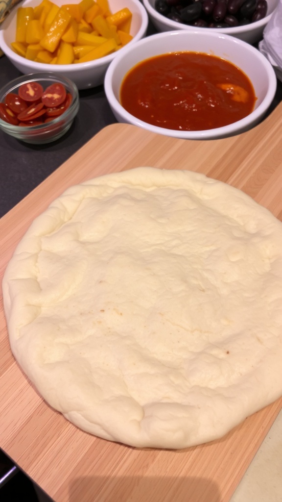 A golden brown homemade pizza crust on a wooden peel, surrounded by bowls of toppings.